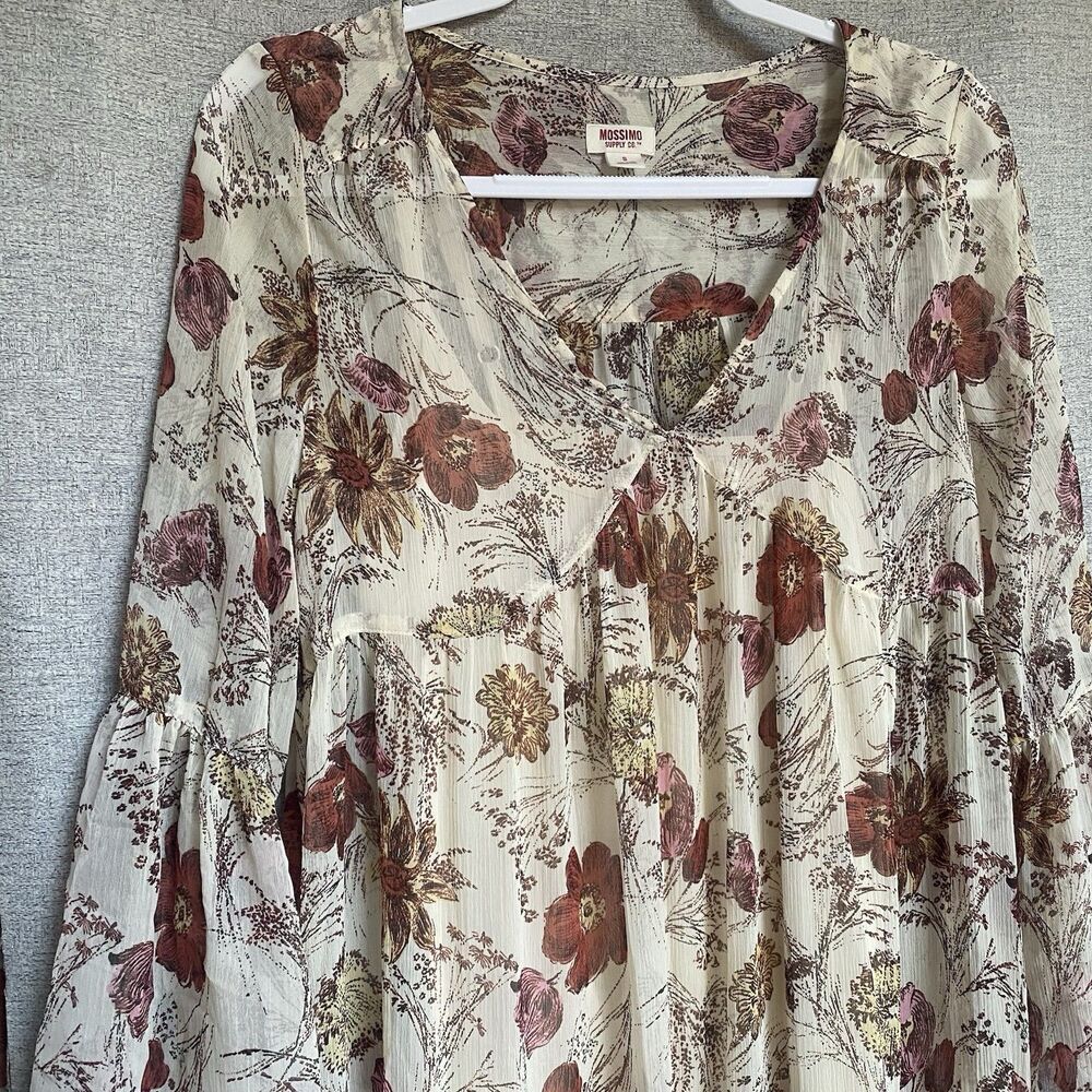 Mossimo Maxi Dress Womens S Cream Floral Cottagecore Boho Prairie Sheer Hi Lo